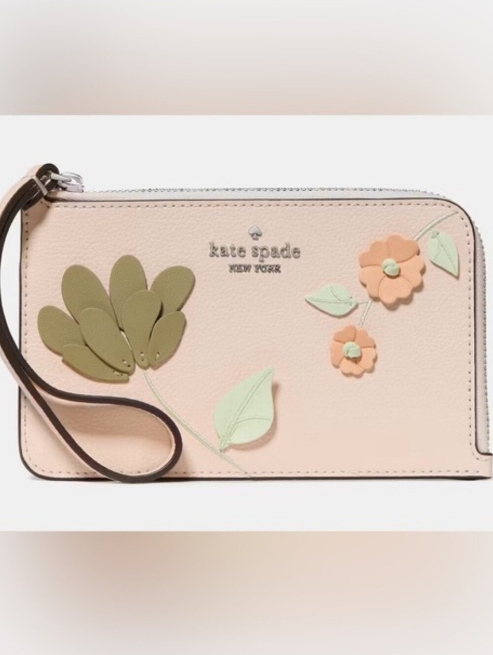 Kate Spade blush pink floral wristlet with green and peach appliqués/ New